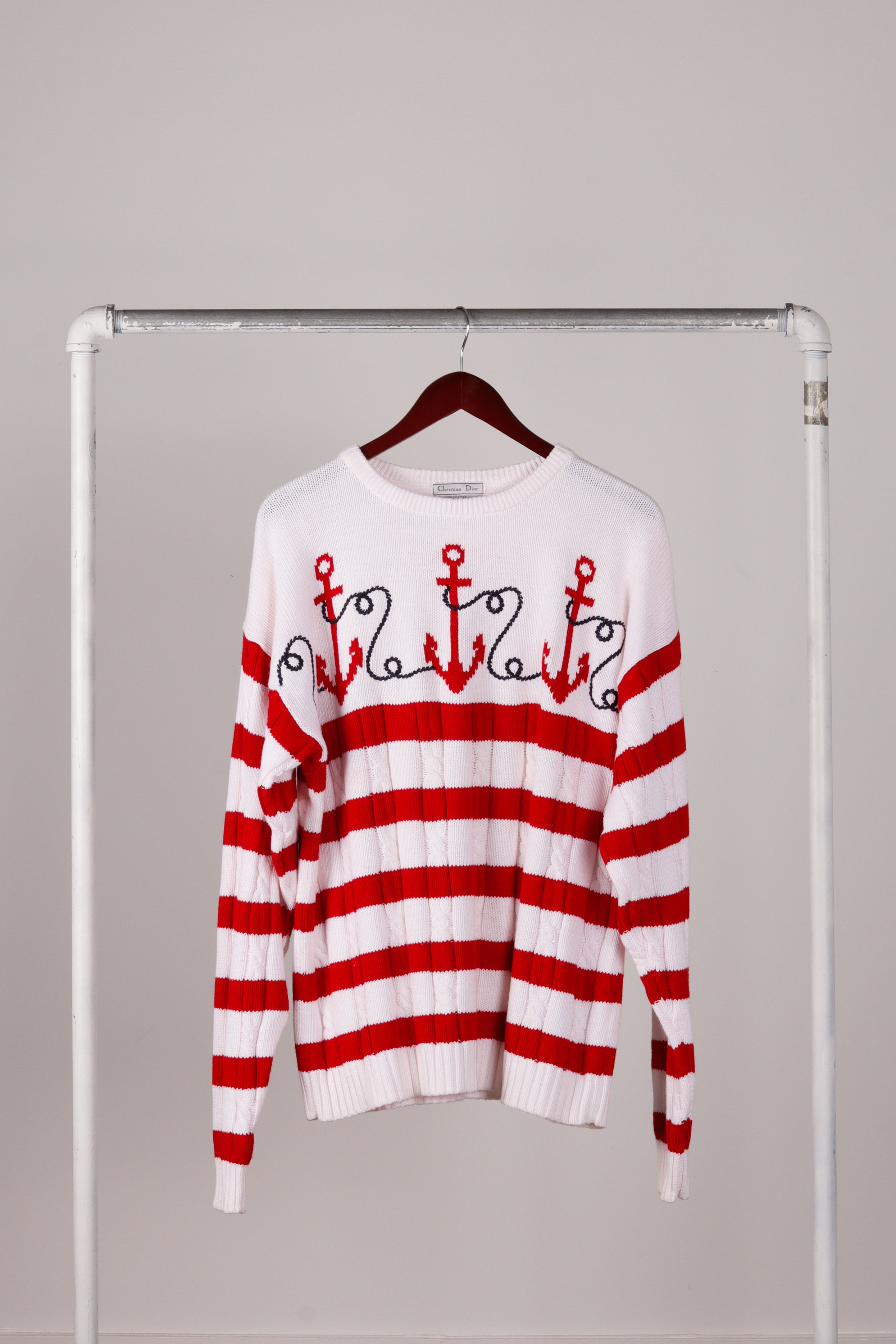 The Pop Up Vintage 70 s Christian Dior Nautical Anchor Embroidered Cable Knit Sweater Red Stripes
