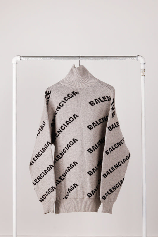 Balenciaga FW18 'All-Over Logo Print Intarsia Knit' 1/4 Zip Sweater (2018)