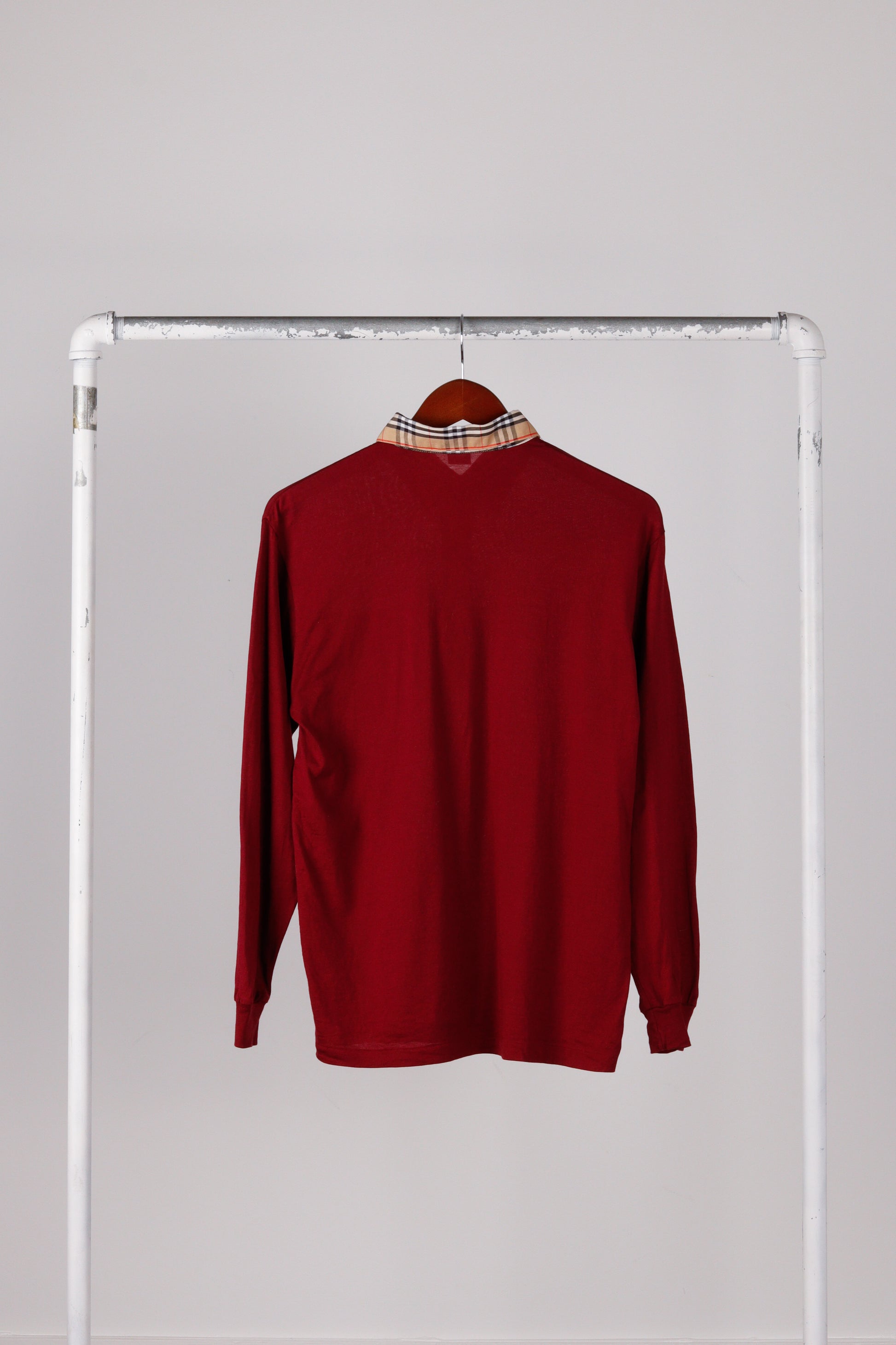 80's Burberry 'Plaid Nova Check Collar' L/S Polo Shirt Burgundy thepopup.com 80's Burberry 'Plaid Nova Check Collar' L/S Polo Shirt Burgundy thepopup.com