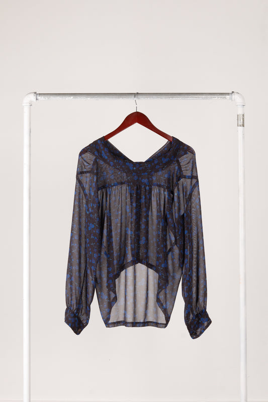 Needles SS23 Womens 'Floral Print Gathered Sheer' Blouse Blue (2023)