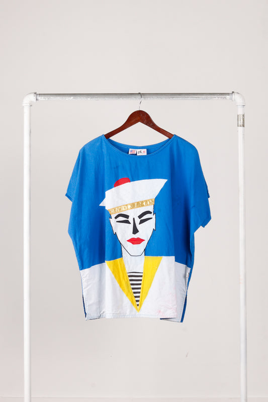 Vintage 80's PL II 'Beret Woman Graphic' Top Blue