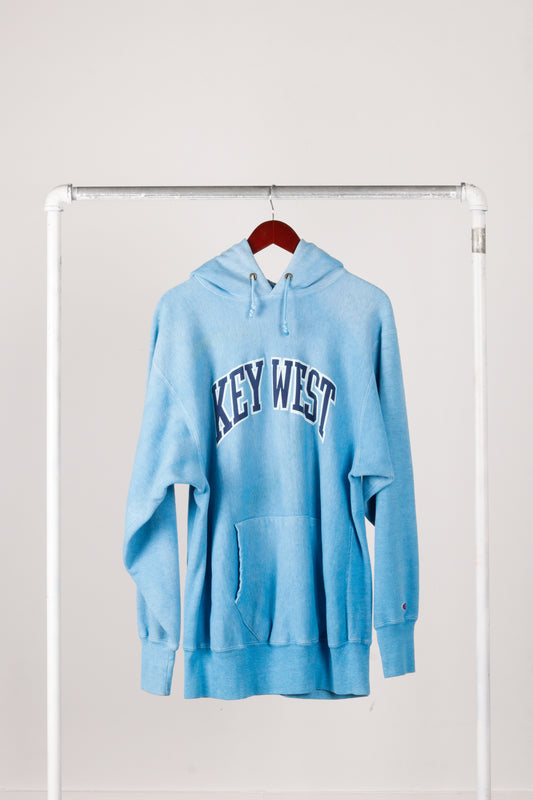 Vintage 90's Champion 'Over Dyed Key West' Hooded Sweatshirt Blue