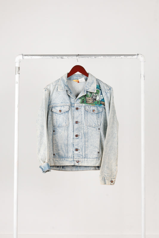 Vintage 80's Rustlers 'Custom Atlantic City' Bejeweled Denim Jacket  Light Wash