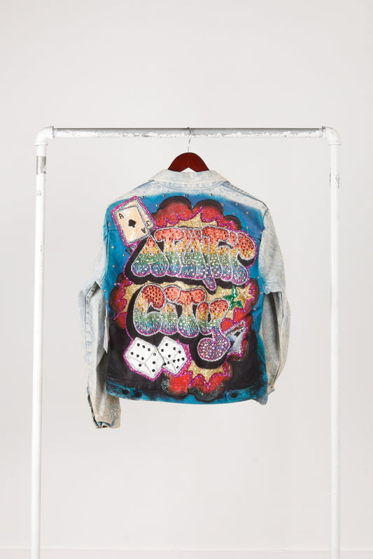 Vintage 80's Rustlers 'Custom Atlantic City' Bejeweled Denim Jacket  Light Wash
