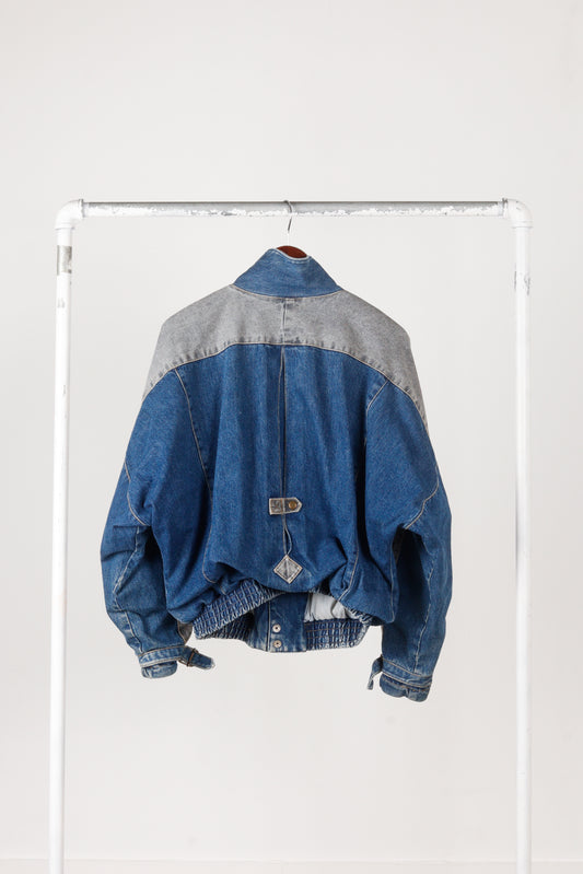 Vintage 80's Guess 'Two Tone Denim' Bomber Jacket Indigo Black