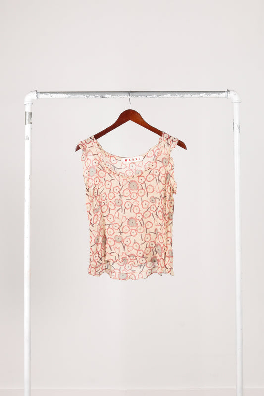 Marni 'Floral Print' Sleeveless Sheer Top Beige