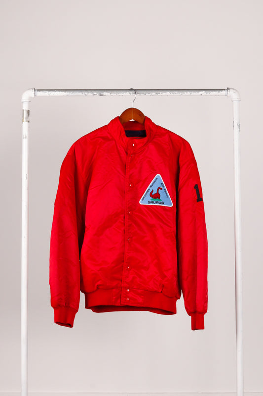 Vintage 90's Rawlings Japan 'Asa Hiroshima Aluminum Factory Saurus' Satin Jacket Red