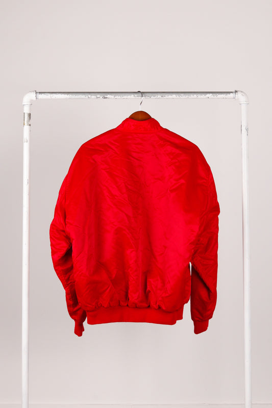 Vintage 90's Rawlings Japan 'Asa Hiroshima Aluminum Factory Saurus' Satin Jacket Red